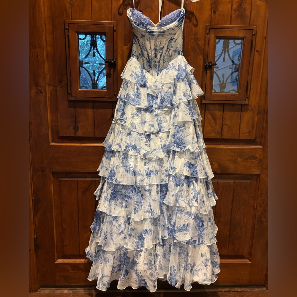 Sherri Hill Strapless Blue Floral Gown - Picture 4 of 16